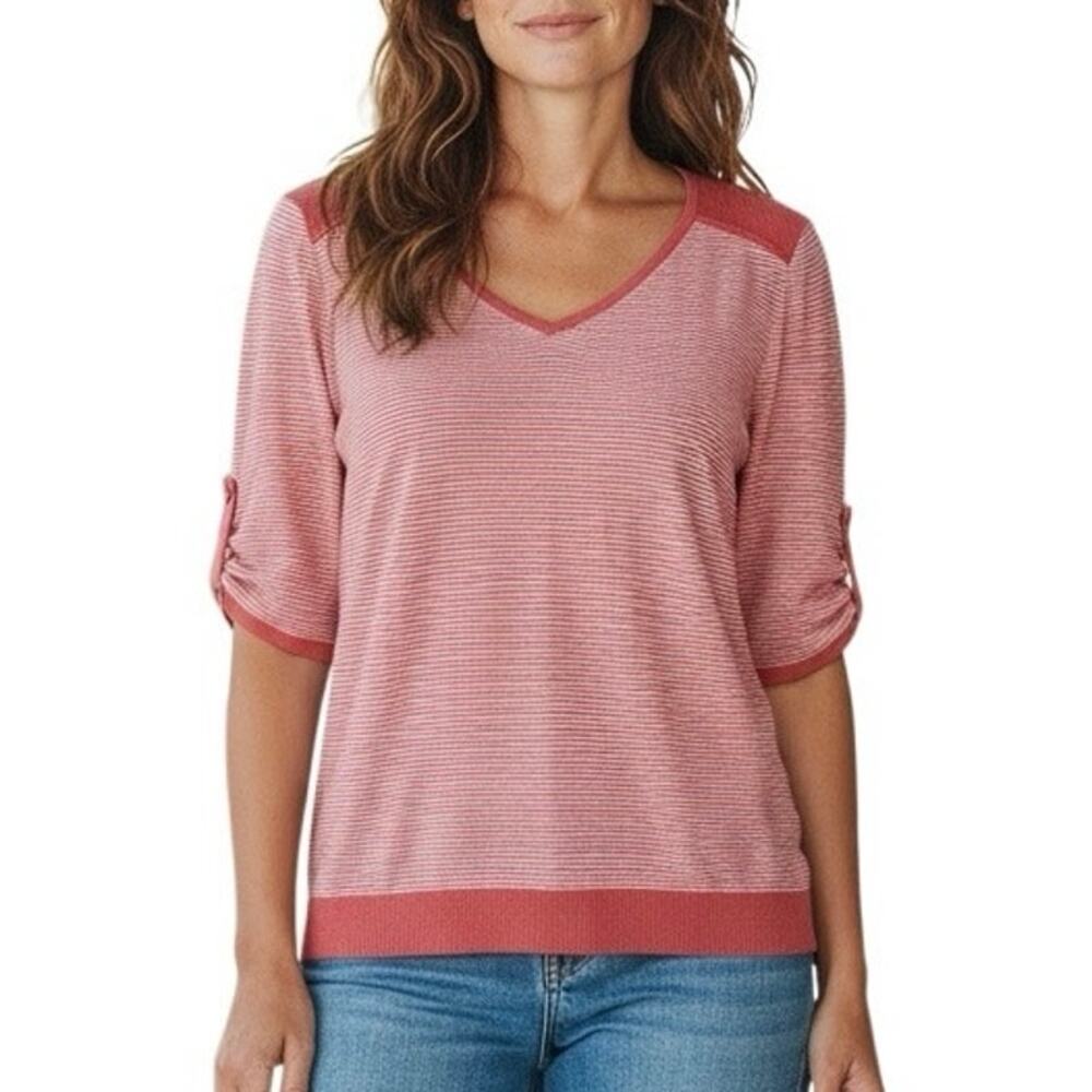 GAP Vintage Striped Knit Sweater Top Red White 3/4 Sleeve V-Neck Casual Size L - Picture 2 of 12